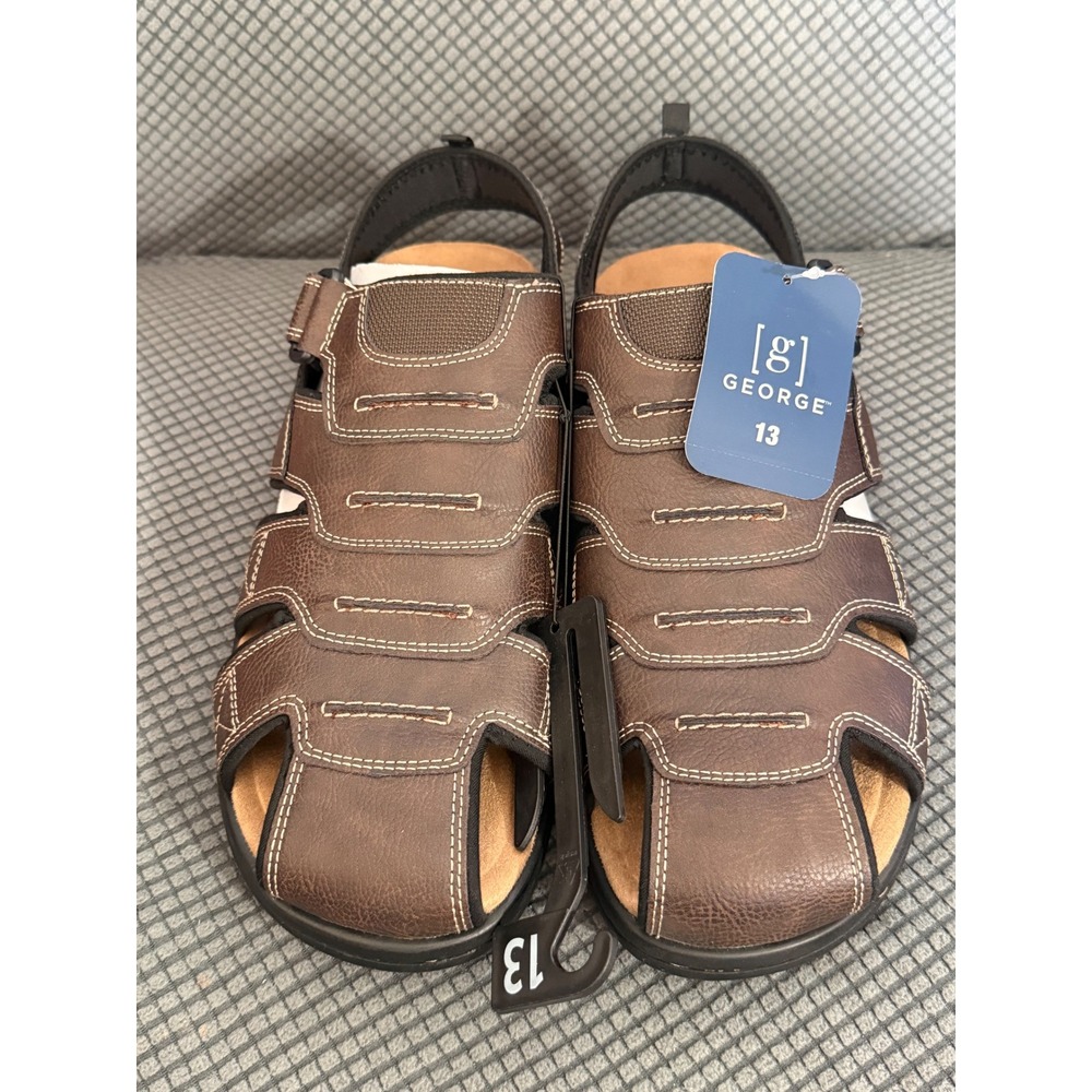 George Mens Fisherman Sandals Brown Faux Leather Closed Toe Size 13 NWT